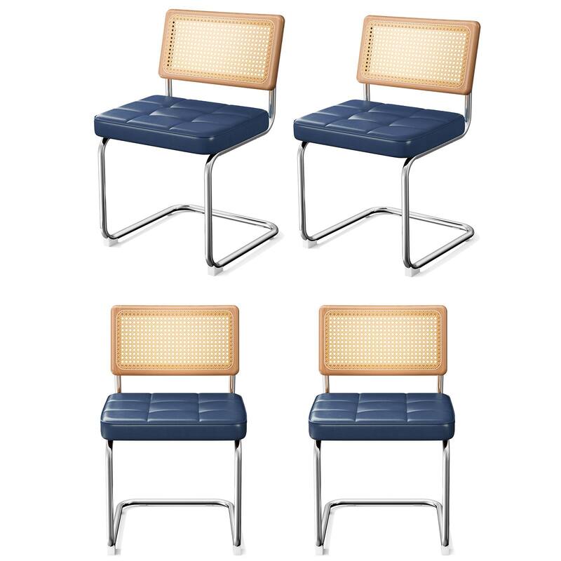 Natural Rattan Dining Chairs Set of 4, Modern Dining Room Chairs with Solid Wood Back, Upholstered Faux Leather - Blue