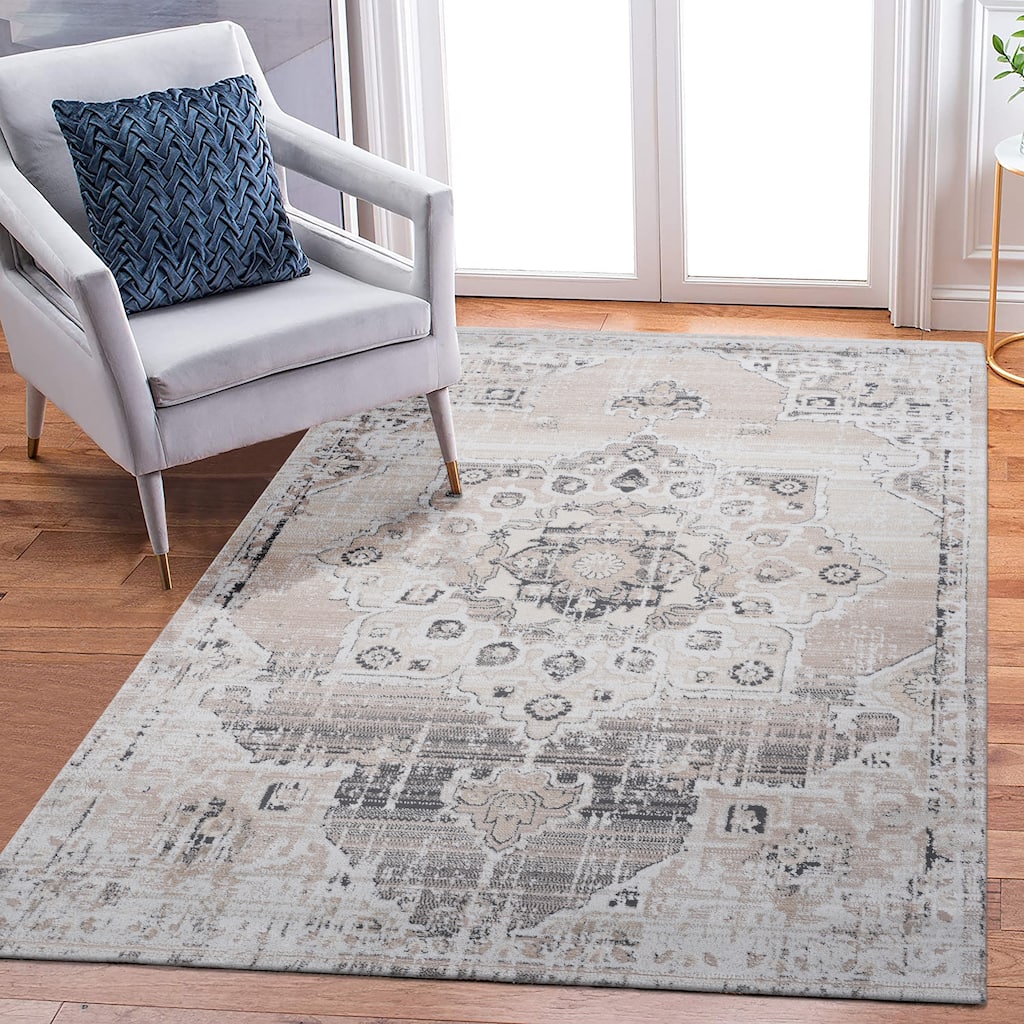 Roomfitters 6x9 Machine Washable Boho Vintage Area Rug, Non-Slip Pet Friendly Indoor Living Room Decor Carpet - Cream - 6' X 9'