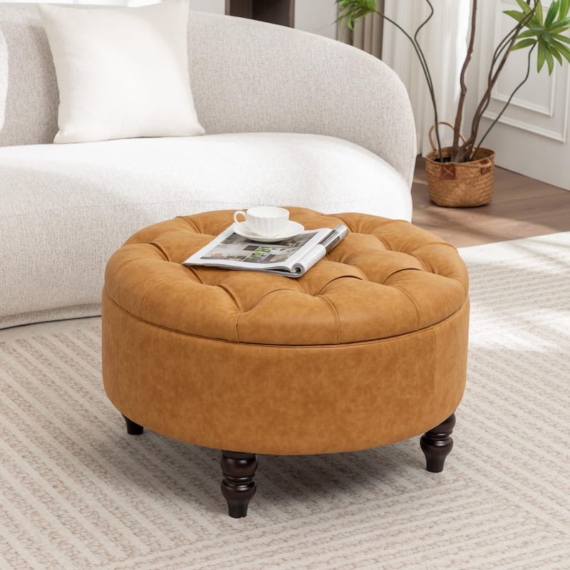 SEYNAR 29.5''Modern PU Leather Round Storage Ottoman with Wood Legs