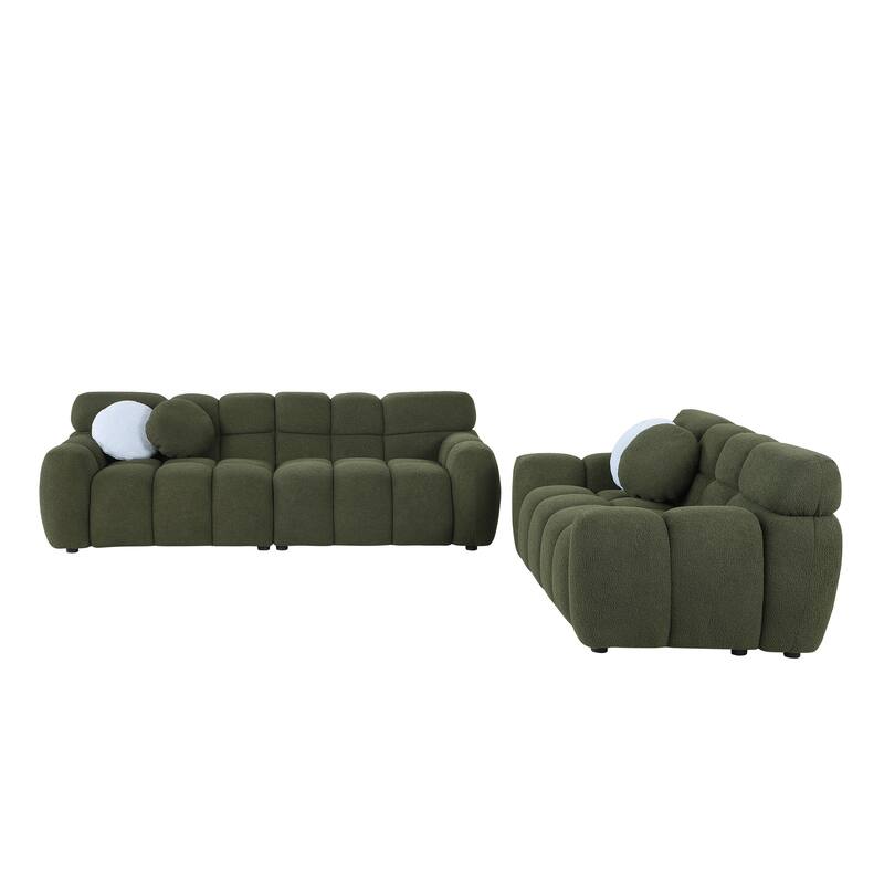 2pc Marshmallow Sofa Sets with Pillows, 2+3 Seater Olive Green Boucle