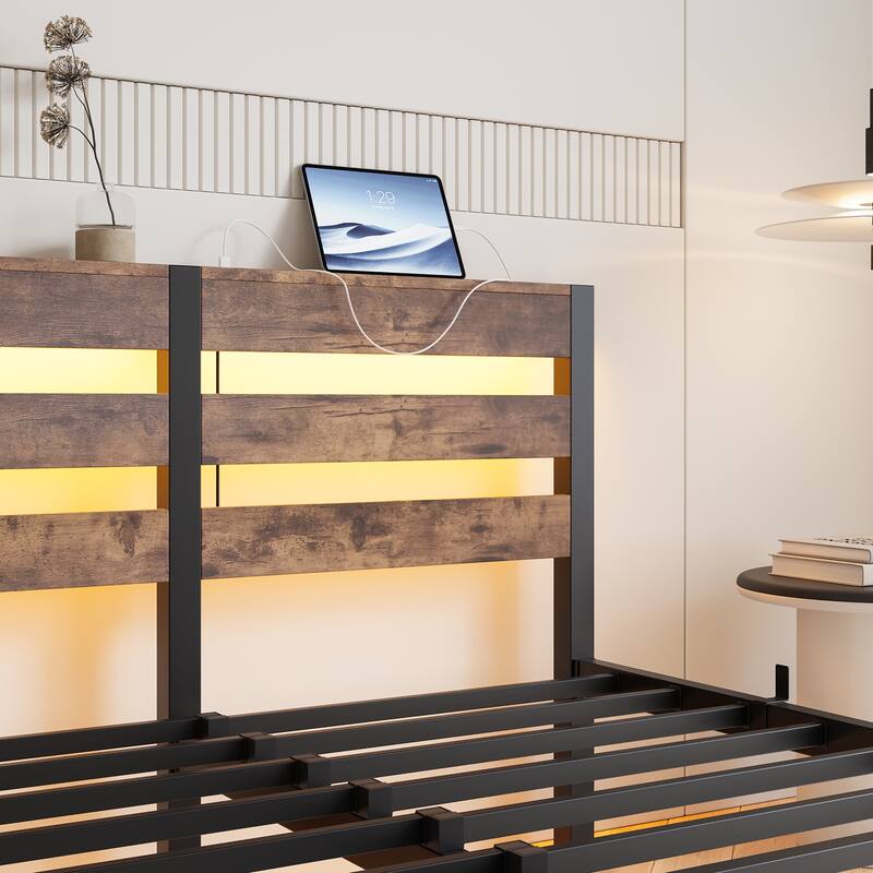 Queen Size Metal Bed Frame with Rustic Brown Wooden Headboard, RGB LED Lights, Charging Station, Storage Shelf, Noise-Free