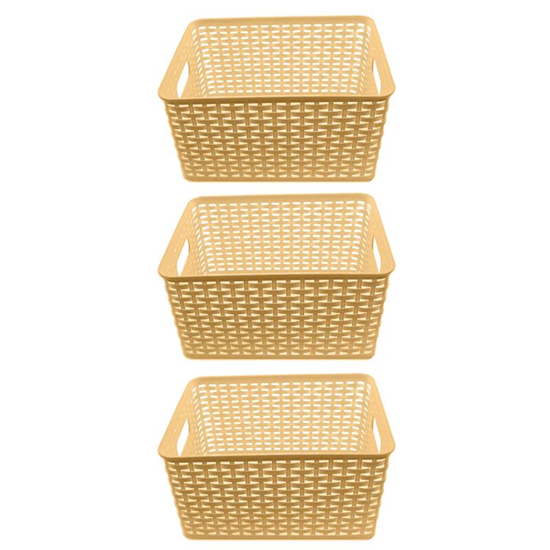 YBM Home Plastic Rattan Storage Box Basket Organizer, BA413 - Pack of 3 - Beige