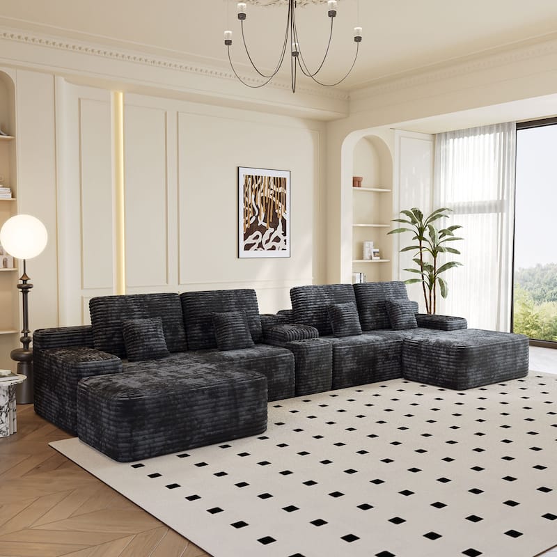 Corduroy Sectional Sofa with Ottomans, Console Table with Storage Box, Charging Station, Cup Holders and Bluetooth Speaker