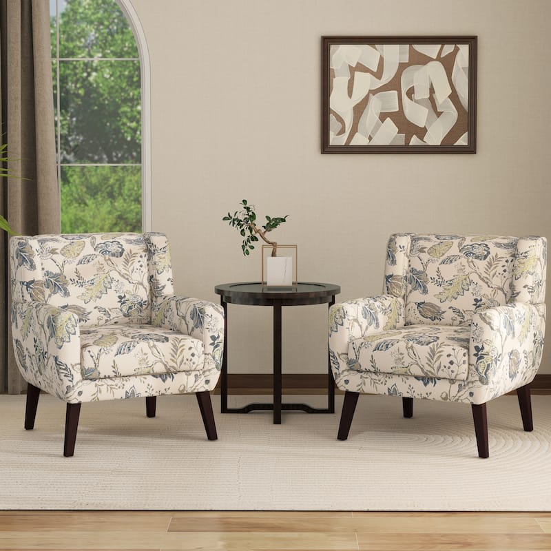 Set of 2 Modern Accent Chair Cotton Linen Upholstered Armchair for Living Room - Pattern - Pattern Leaf