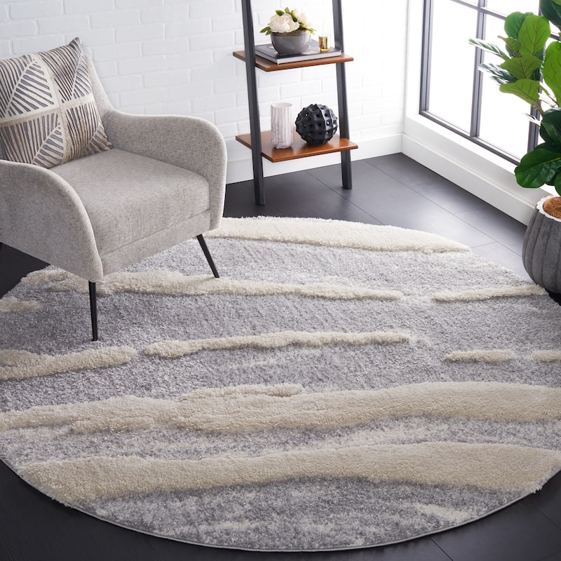 SAFAVIEH Hi-Lo Shag Leesa Modern 1.6-inch Thick Rug - 6'7" Round - Grey/Light Beige