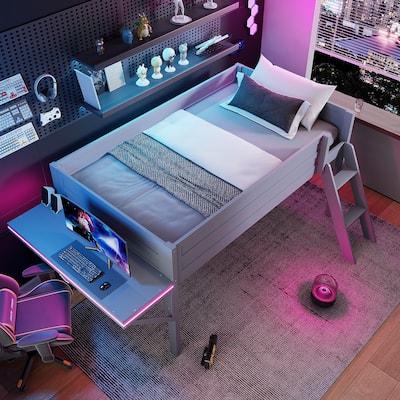Roomfitters Wood Twin/Full Gaming Loft Bed with Desk and Lighting, Grey