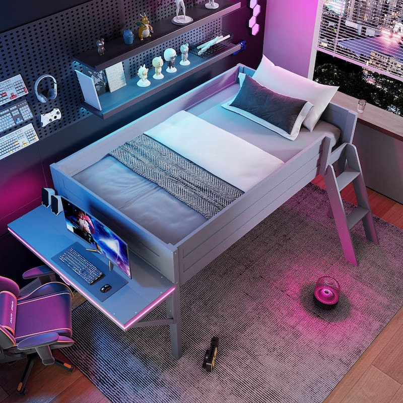 Wooden Twin and Full Gaming Loft Platform Bed Frame with Built-in Desk, Storage, and LED Lights, Perfect for eSports Setup