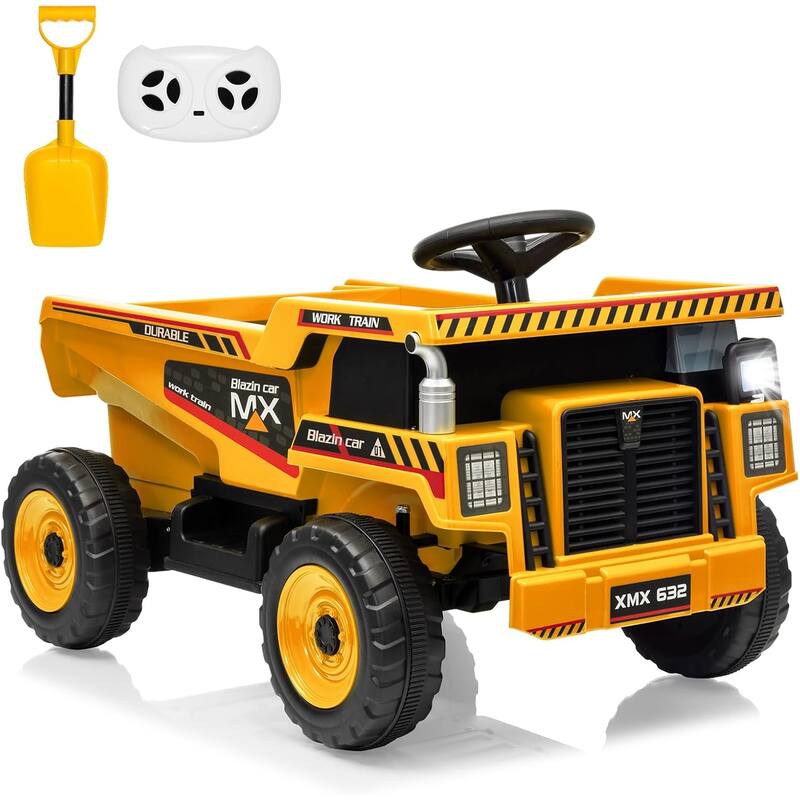 12V Ride On Dump Truck for Kids 4 Wheeler Construction Vehicles with Remote Control for Kids 3-8 - Yellow