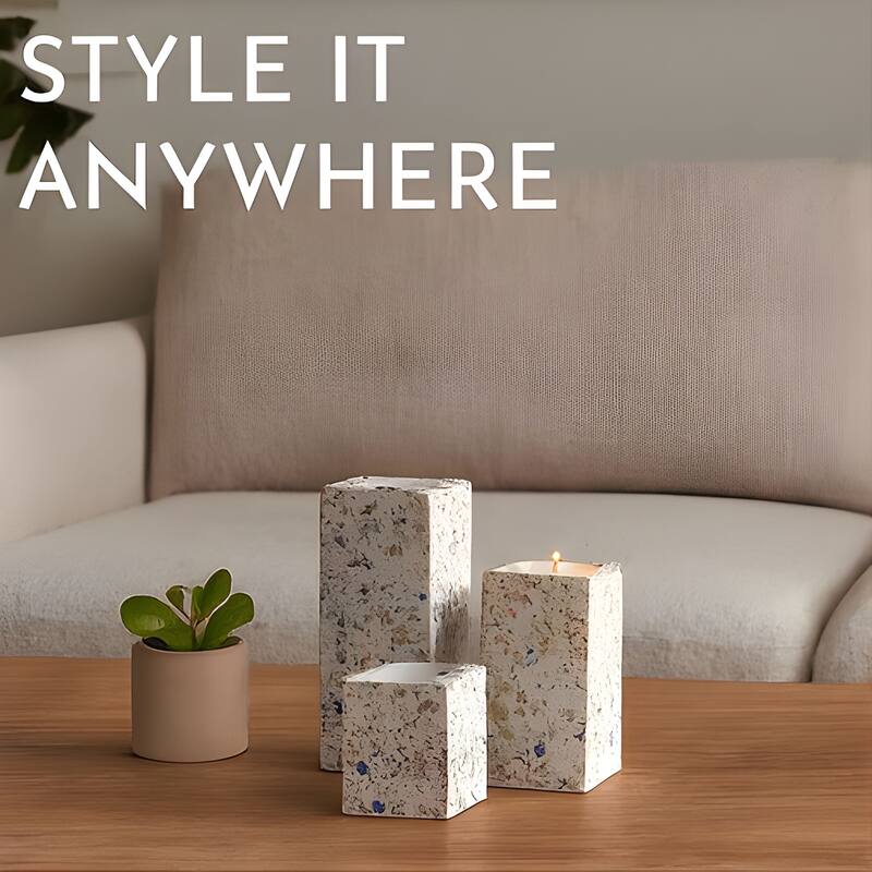 Pink Set of Three Block Tealight Candleholders with Splatter Design - White