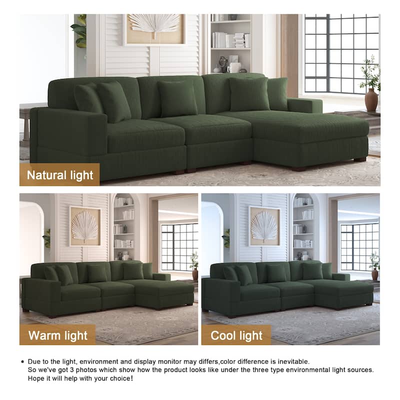 118" W Corduroy L-shape Modular Sectional Sofa with Pillows