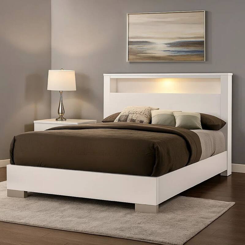 Modern Eastern King Size Bed with Shelved Headboard and LED Light, White
