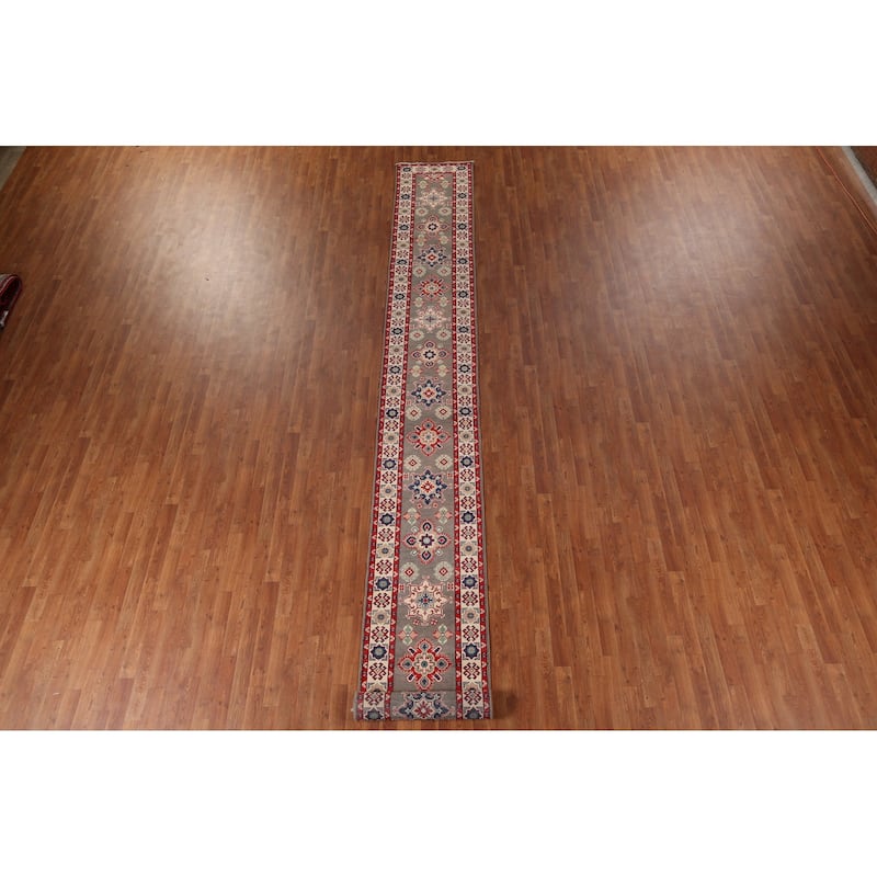 Geometric Kazak Oriental Runner Rug Handmade Wool Carpet - 2'1" x 19'2"