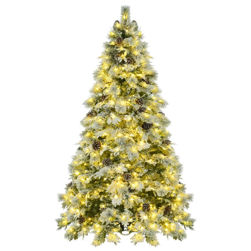 7.5FT Pre-Lit Spruce Snow Flocked Christmas Tree with Pine Cones,745 Branch Tips,450 Multi-Color LED Lights,11 Flashing Modes