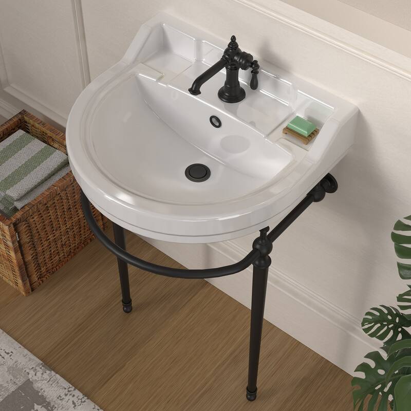 Whitehaus Console Sink With Semi-Circular Bowl, Metal Leg Supports and Front Towel Bar.