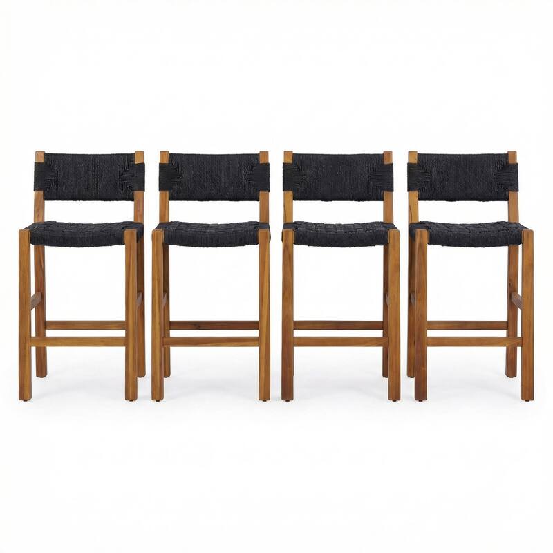 Christopher Knight Home - Modern Acacia Wood Outdoor Bar Stools with Teak Finish and Wicker Back Patio Chairs