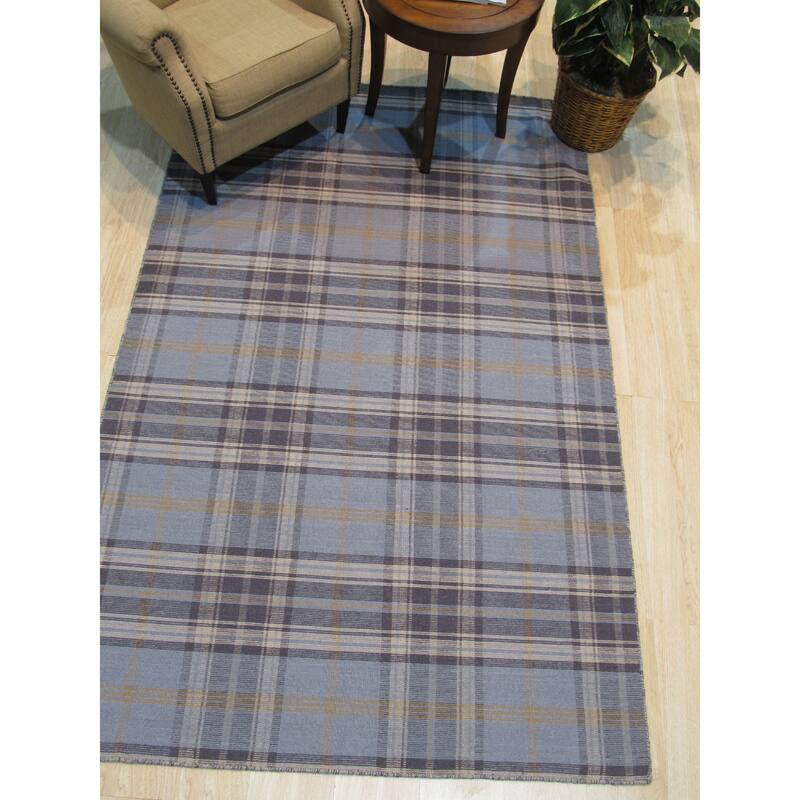 Blue Hand-Knotted Wool Transitional Plaid Rug, 5' x 8', Elegant Soft Texture - L