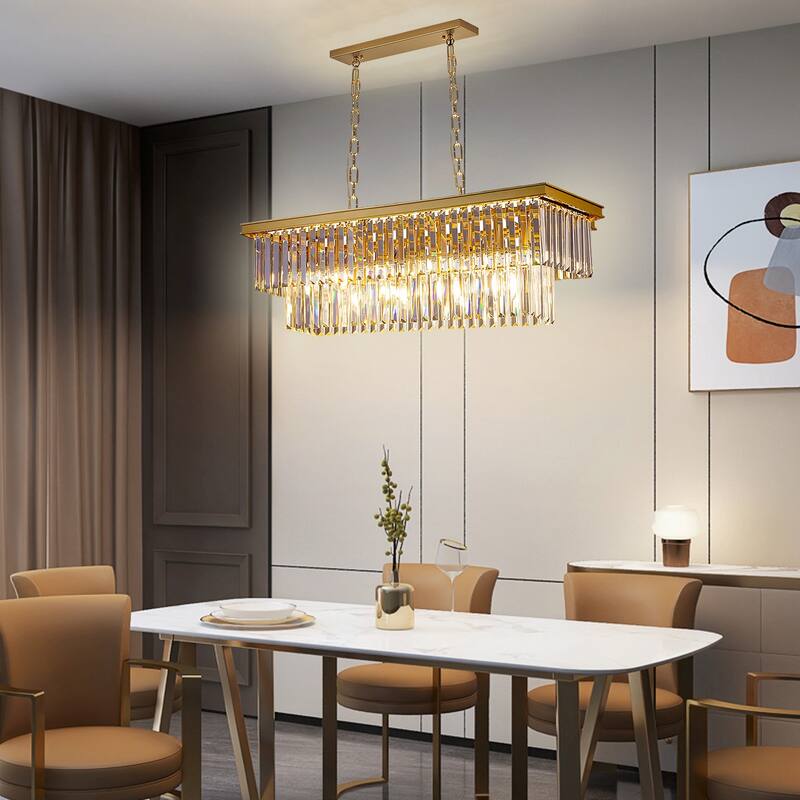 Gold Rectangle Crystal Chandelier, Luxury Pendant Light for Dining Room, Bulbs Included