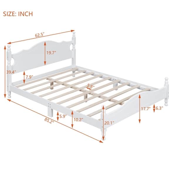 dimension image slide 0 of 2, Wooden Queen Size Platform Bed Frame, Solid Pine and MDF with Headboard, Easy Assembly