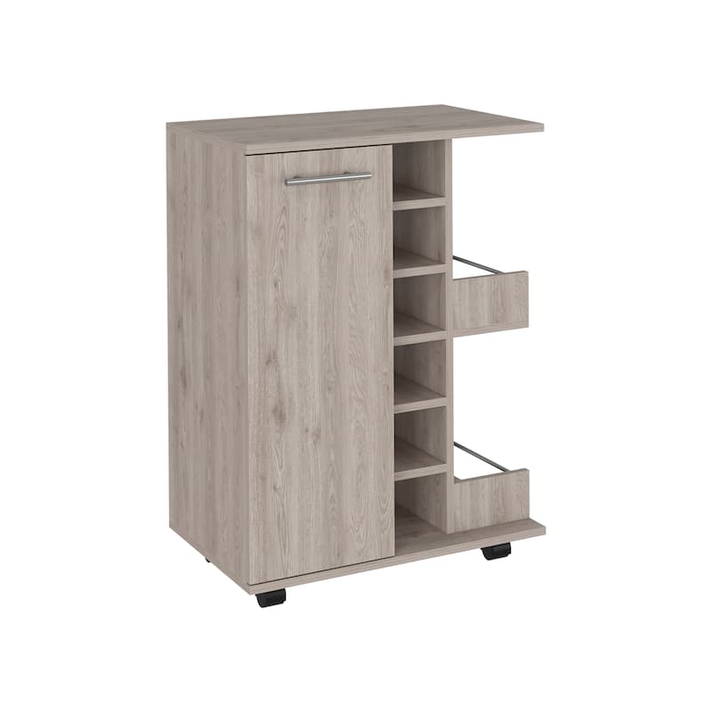 Bar Cart, Four Casters, Single Door Cabinet, Two External Shelves, Light Gray