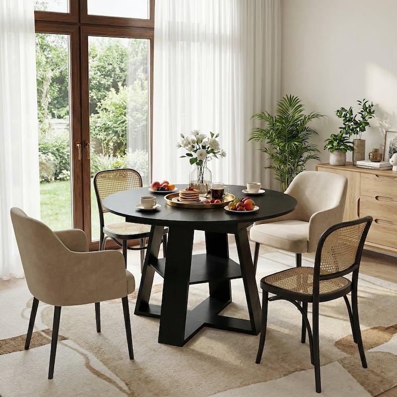 43.3in-59in Extendable Round Dining Table for 4-8, Oval Dining Table with Removable Leaves Space Saving with Storage Shelf