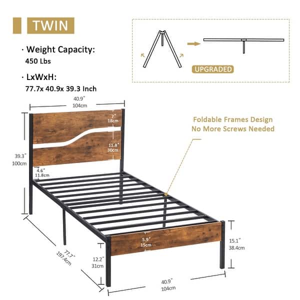 dimension image slide 1 of 3, VECELO Twin Size Kids Bed Industrial Platform Bed Frame with Wood Headboard,Twin Size Bed Set of 2