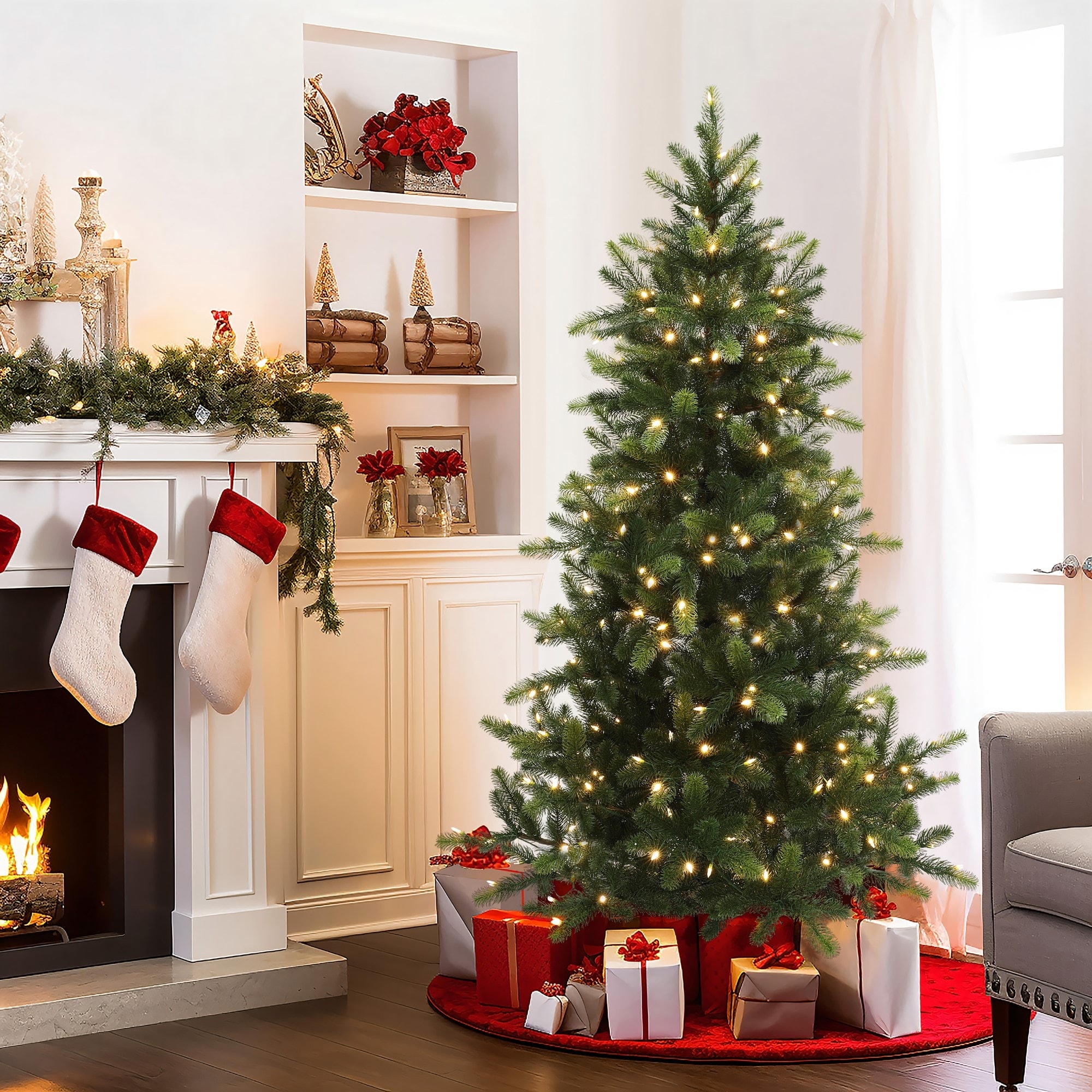 6Ft Pre-Lit Hinged Green Full Fir Artificial PE Christmas Tree - 72" H x 41.7" Diameter