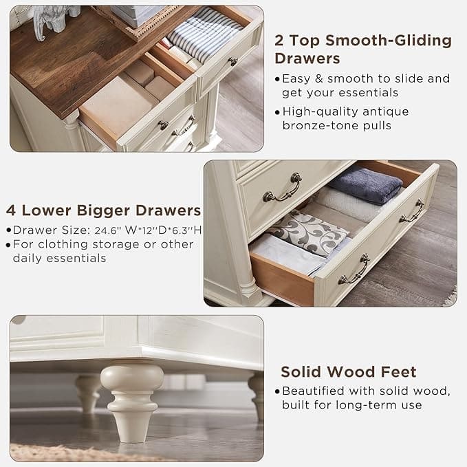 Farmhouse 6 Drawers Dresser Chests, Rustic Wood Chest of Drawers