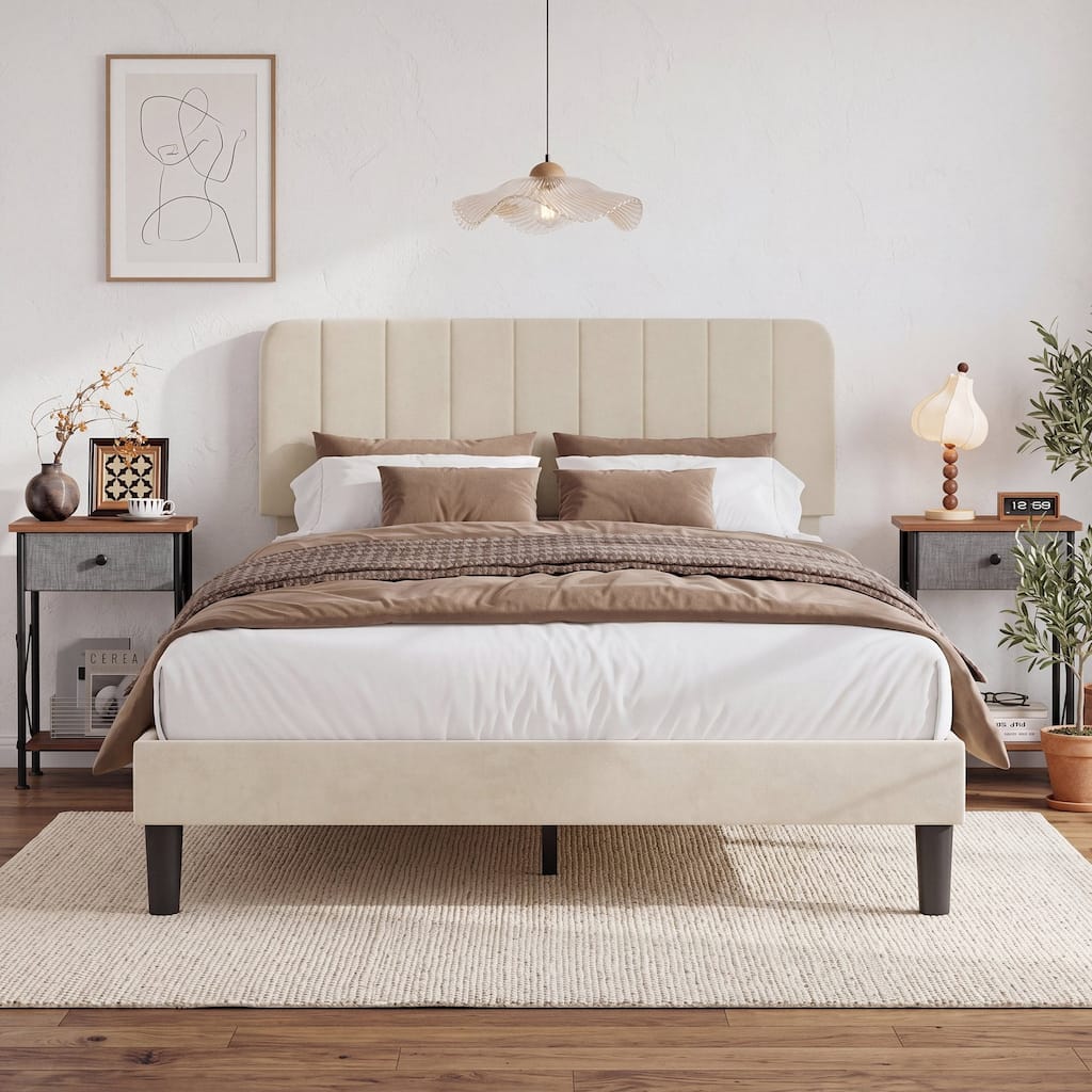 Javlergo 3-Piece Bedroom Set Platform Bed with Adjustable Headboard Height and 2 Nightstands with Fabric Drawer