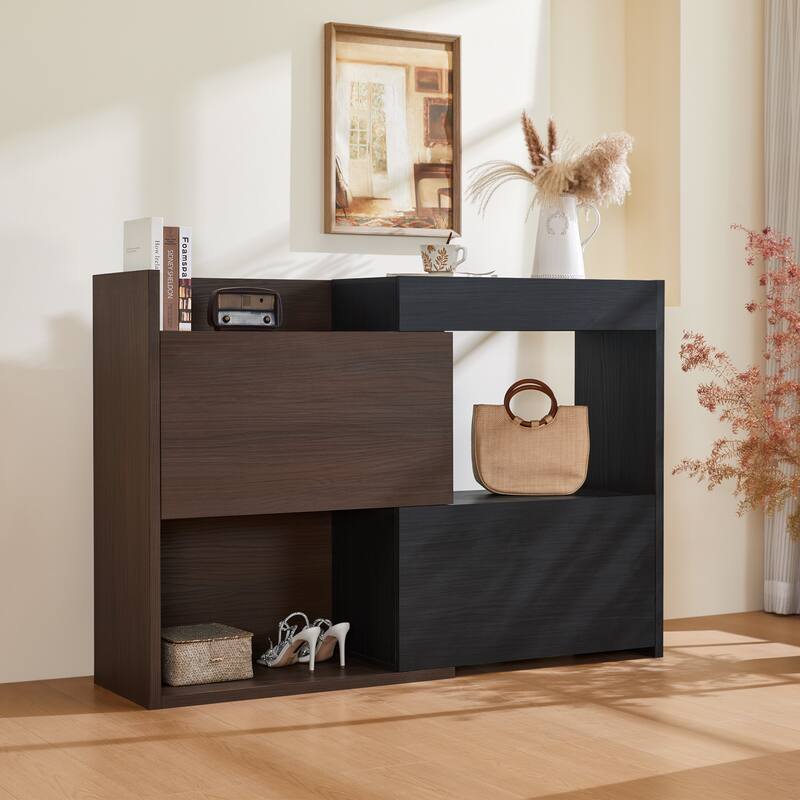 Extendable Rotating Shoe Cabinet with Flip Drawer, Entryway Corner Shoe Rack, Two-Tone Wood Storage Shoe Organizer for Hallway - Black + Dark Walnut