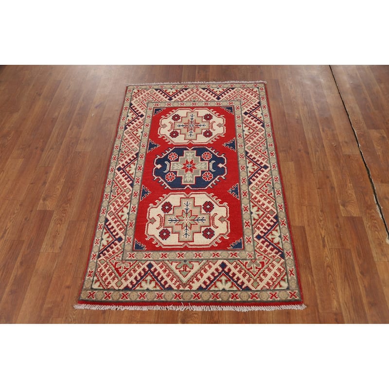 Geometric Kazak Foyer Rug Handmade Red Traditional Wool Carpet - 2'8"x 4'2"