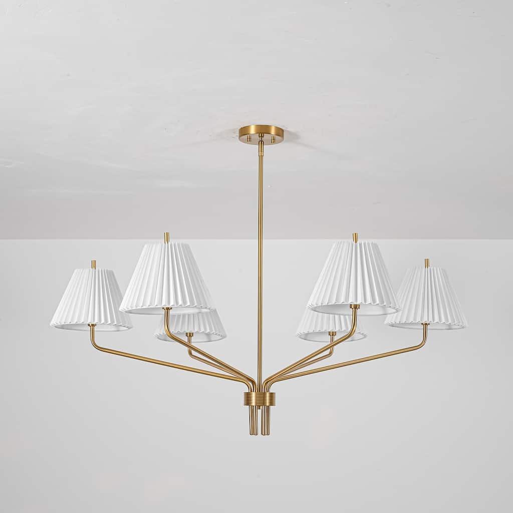 6-Light Modern Transitional Brass Pleated PVC Chandelier for Dining Room & Living Room - 45.1 in. W x 20 in. H