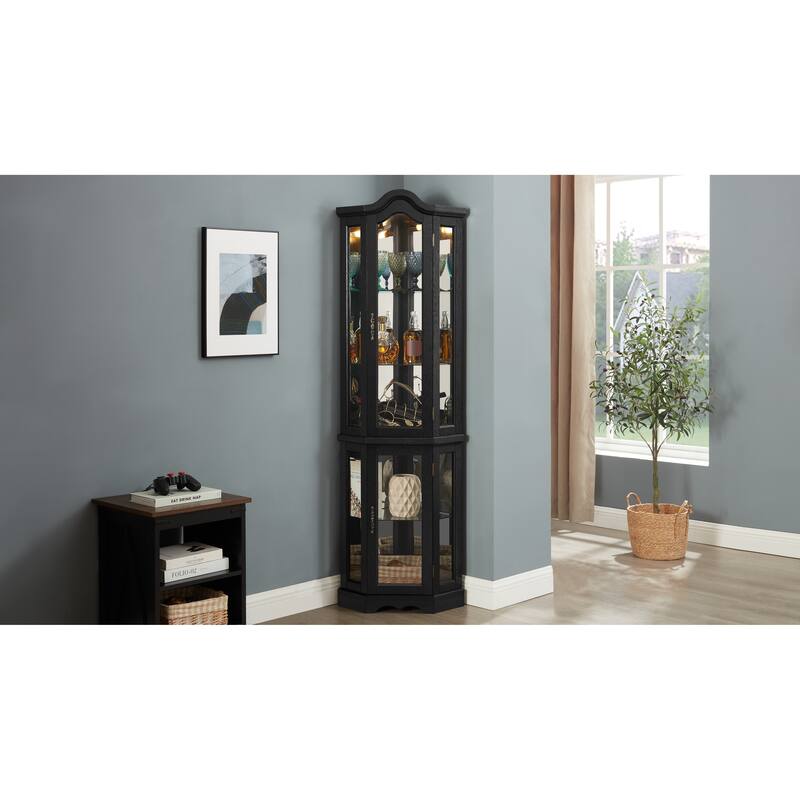 GDFStudio - Storage Corner Curio Cabinet with Lighted Glass Shelves