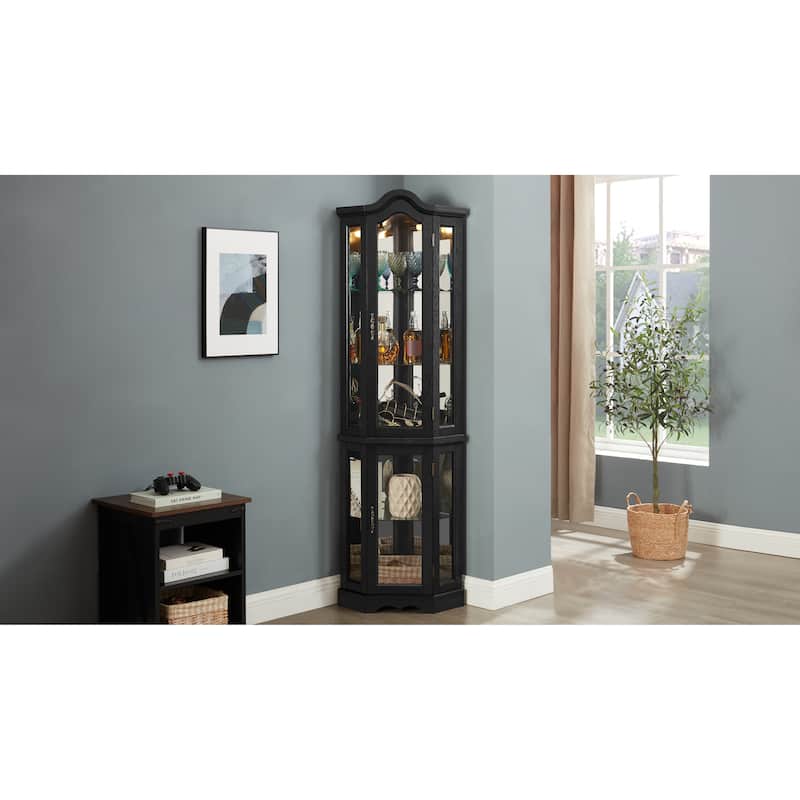 Lighted Corner Curio Cabinet, Freestanding Glass Display Cabinet, Wooden China Cabinet with Tempered Glass Doors & Shelves
