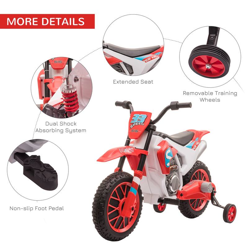 12V Electric Bicycle with Rear Wheel Drive, Red Ride on Motor Vehicle Toy, Battery Powered Electric Vehicle with Training Wheels