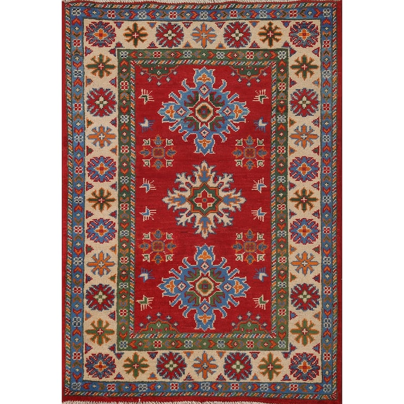 Red Kazak Accent Rug Hand-Knotted Oriental Wool Carpet - 2'9"x 4'1"