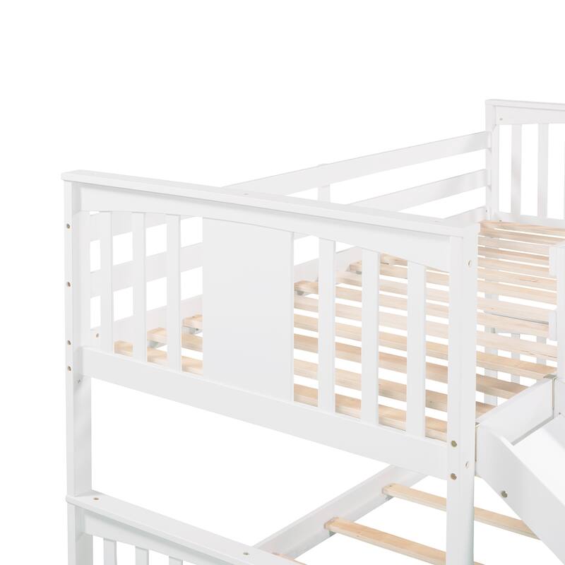 White Twin over Twin Solid Wood Bunk Bed with Ladder, Slide, and Fence for Kids