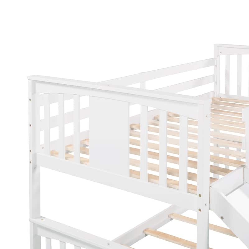 Wood Bunk Bed with Slide and Ladder, Solid Wood Bedframe with Safety Guardrail, Twin Over Twin Size, No Box Spring Needed