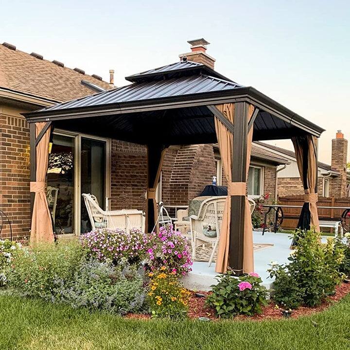 PURPLE LEAF Outdoor Galvanized Steel Roof Aluminum Frame Hardtop Gazebo with Netting,Curtains included