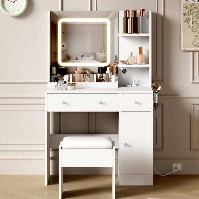 Vanity Desk with LED Mirror, 3 Drawers & Open Shelves, Charging Station, and Stool