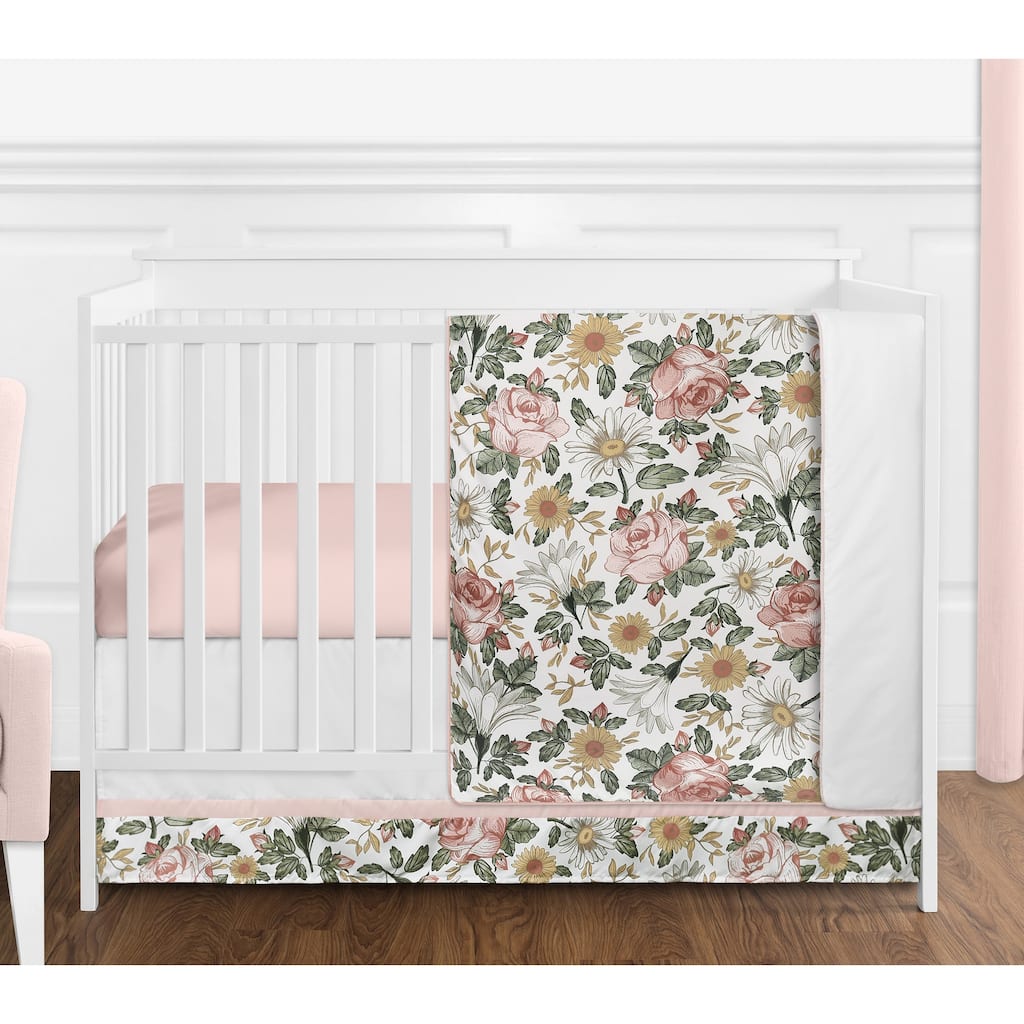 Sweet Jojo Designs Vintage Floral Boho Girl 4pc Nursery Crib Bedding Set - Blush Pink Yellow Green White Shabby Chic Farmhouse