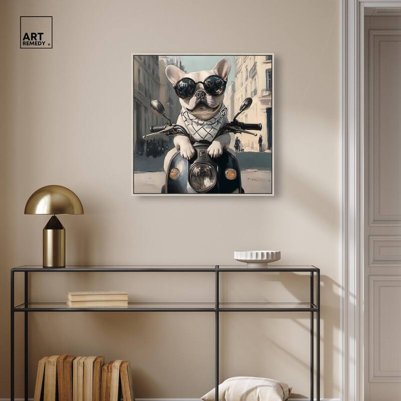 Frenchie on a Scooter Drive Canvas by Art Remedy
