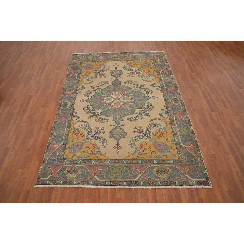 Hand Knotted Oriental 100% Wool Carpet Traditional Floral Brown Tabriz Area Rug - 9' 2'' X 6' 4''