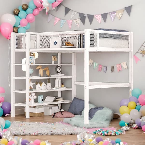 slide 2 of 11, Twin Size Metal Loft Bed with 4-Tier Shelves and Storage for Home