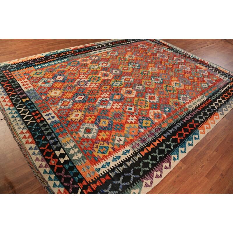 Geometric Kilim Area Rug Flatweave Oriental Orange Wool Carpet - 8'5"x 11'3"