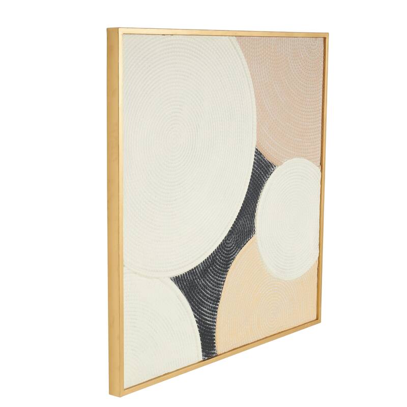 Cream Metal Textured Geometric Wall Decor with Overlapping Circles and Gold Frame