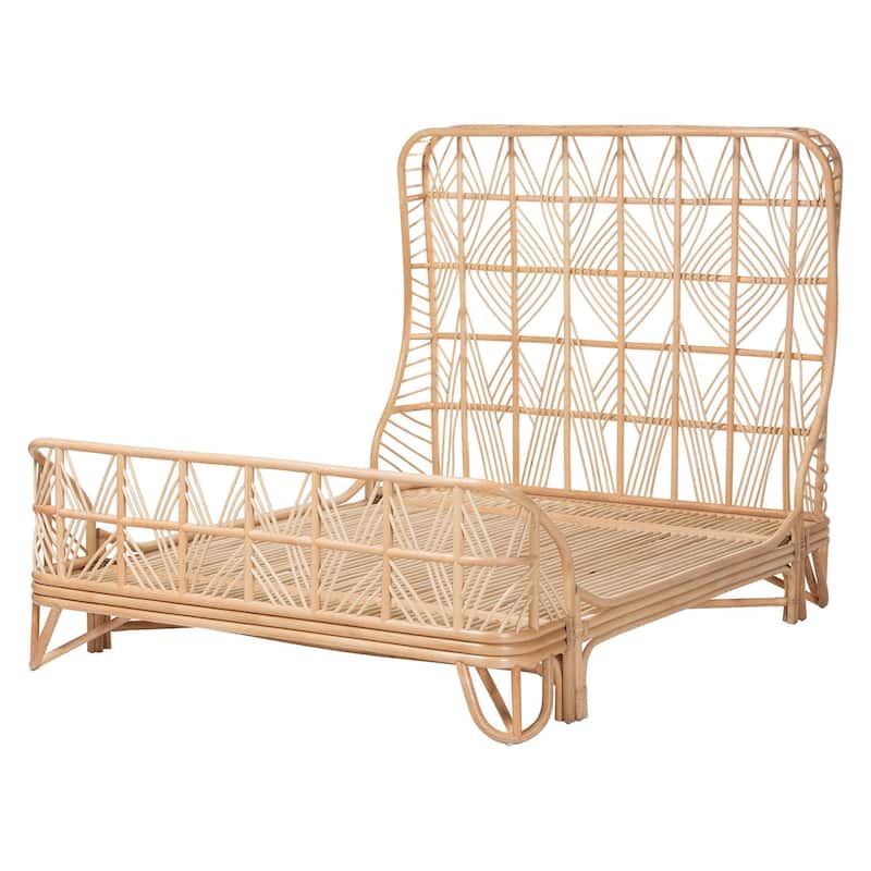 Hadley Natural Rattan Bed Frame with Openwork Geometry Headboard and Footboard, Tropical Coastal Boho Furniture, Queen