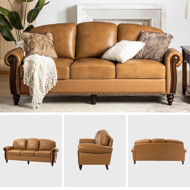 Eduard 84" Traditional Genuine Leather Sofa with Carved Wood Legs by HULALA HOME
