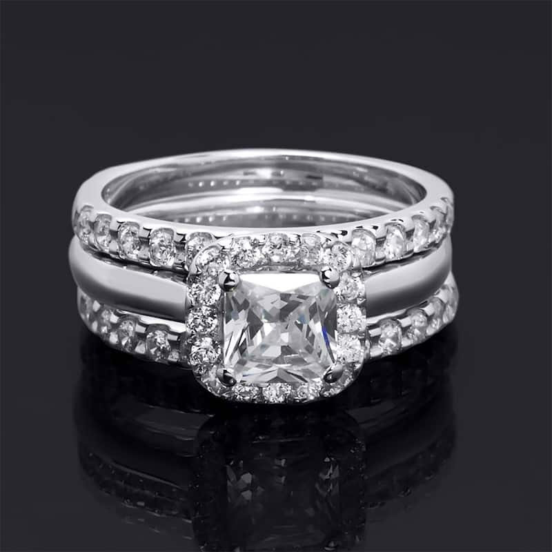 2.25 Ct Two Band Wedding Engagement Ring Set Princess Cut Silver
