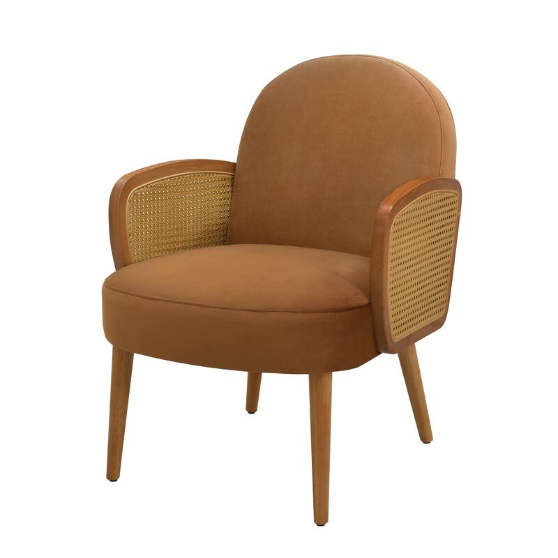 Velvet Accent Chair with Rattan Armrests
