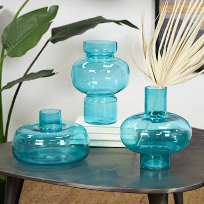 Blue, Green or Orange Glass Round Vase with Varying Shapes and Sizes (Set of 3)